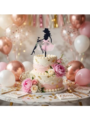 Dodomar Bride Pembe Tül Etekli Çubuklu Pasta Süsü Bekarlığa Veda Cake Topper Dekoru