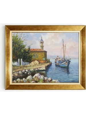 Tablore Nostaljik Deniz Teknesi ve Sahil Camii Çerçeveli Kanvas Tablo Ev Ofis Duvar Dekoru