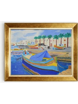 Tablore Ege Balıkçı Tekneleri ve Palmiye Manzaralı Yağlı Boya Resimli Çerçeveli Tablo
