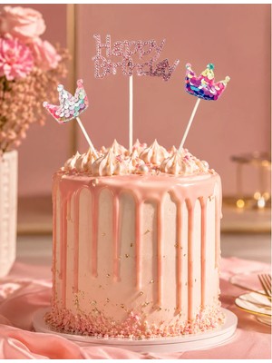 Dodomar Pasta Üstü Çubuklu Happy Birthday Taşlı Pullu 3 Parça Süs Doğum Günü Parti Dekoru