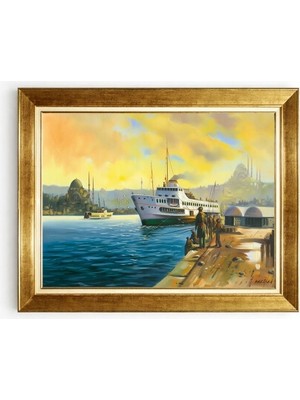 Tablore Istanbul Eminönü Iskelesi Balıkçılar ve Vapur Temalı Çerçeveli Duvar Tablosu