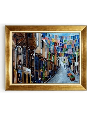 Tablore Nostaljik Eski Istanbul Sokak Yaşamı Kanvas Tablo Tarihi Evler Çerçeveli Duvar Tablosu