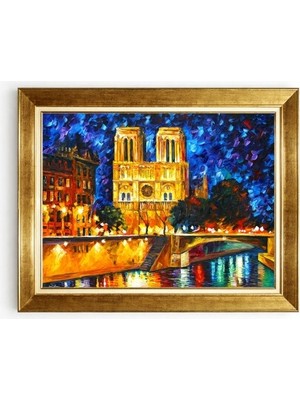 Tablore Paris Notre Dame Katedrali Altın Çerçeveli Yağlı Boya Görünümlü Salon Ofis Duvar Tablosu