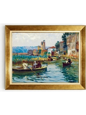 Tablore Nostaljik Istanbul Boğazı ve Kayıklar Temalı Çerçeveli Yağlı Boya Tablo