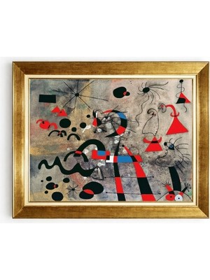 Tablore Joan Miró Tarzı Soyut Sürrealist Gold Çerçeveli Tablo Salon Ofis Duvar Dekorasyonu Kanvas