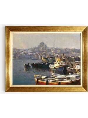 Tablore Tarihi Istanbul Manzaralı Sandallar Gold Çerçeveli Tablo Nostaljik Salon Duvar Kanvası