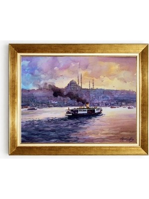 Tablore Istanbul Temalı Vapur ve Camii Manzaralı Gold Çerçeveli Lüks Tablo
