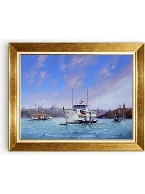 Tablore Istanbul Boğazı Nostaljik Şehir Hatları Vapuru Çerçeveli Kanvas Tablo Deniz Manzaralı