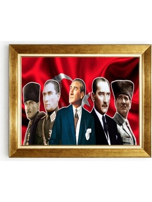 Tablore Atatürk Kolajı Türk Bayrağı Detaylı Altın Çerçeveli Kanvas Tablo