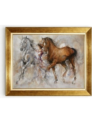 Tablore Koşan Asil Atlar Figürlü Altın Çerçeveli Kanvas Tablo Modern Sanat Yağlı Boya Görünümlü Salon Tablosu