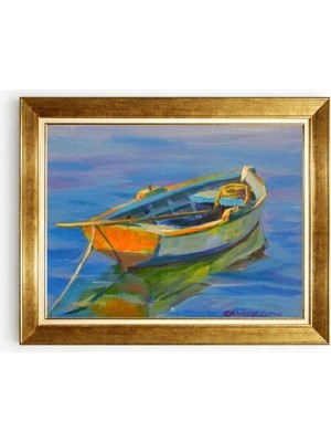 Tablore Deniz Üstünde Sandal Yağlı Boya Görünümlü Altın Çerçeveli Kanvas Tablo Modern Duvar Dekoru