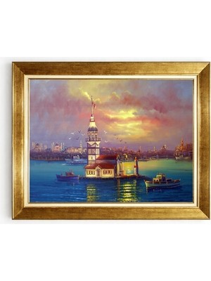 Tablore Istanbul Kız Kulesi Manzaralı Altın Çerçeveli Yağlı Boya Görünümlü Kanvas Tablo