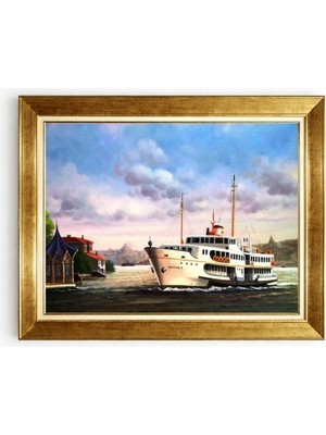 Tablore Istanbul Şehir Hatları Vapuru Yağlı Boya Dokulu Altın Çerçeveli Kanvas Tablo