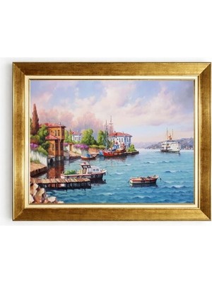 Tablore Istanbul Boğazı Yalılar ve Vapur Manzaralı Altın Çerçeveli Kanvas Tablo