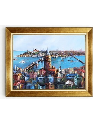 Tablore Istanbul Galata Kulesi Manzaralı Yağlı Boya Efektli Gold Çerçeveli Kanvas Tablo