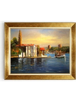 Tablore Istanbul Boğazı ve Tarihi Vapur Manzaralı Yağlı Boya Dokulu Çerçeveli Tablo