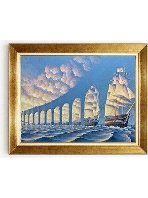 Tablore Sürrealist Gemi ve Bulut Köprüsü Rob Gonsalves Tarzı Altın Çerçeveli Tablo