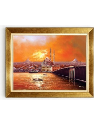 Tablore Istanbul Gün Batımı Galata Köprüsü ve Cami Tasarımlı Altın Çerçeveli Kanvas Tablo