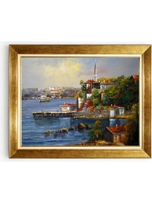 Tablore Altın Çerçeveli Nostaljik Istanbul Boğazı ve Camii Manzaralı Yağlı Boya Dokulu Tablo Hediyelik