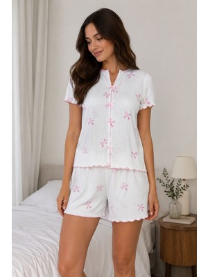 Esra Butik Cares Kumaş Fiyonk Desenli Kısa Kollu Şortlu Kadın Pijama Takımı