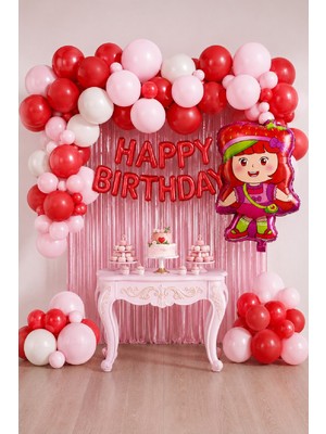 Bkmc 🍓 Çilek Kız Folyo Balon – Happy Birthday Balon + Balon Zinciri + Arka Fon Parti Dekoru Doğum Günü Parti Seti Süsü
