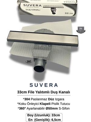 Suvera 33CM Paslanmaz Izgaralı (File Yalıtım Kitli) Koku Önleyici Klapeli Duş Kanalı – Ø50MM (Fileli) S-Sifon Sistemi