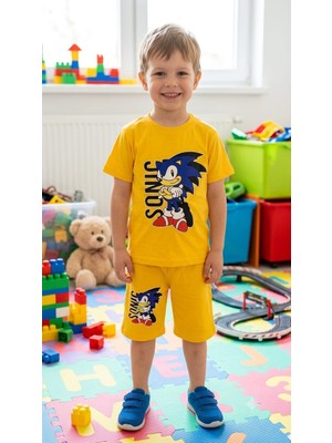 Ütaç Kids Erkek Çocuk Mavi Sonic Baskılı Şortlu Takım - Pamuklu Yazlık Tişört ve Şort Seti