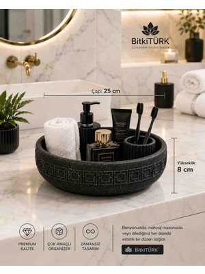 BitkiTÜRK 🖤 Kabartmalı Siyah Beton Organizer | Dekoratif Masa Üstü Düzenleyici | Çok Amaçlı Beton Kase 25 cm