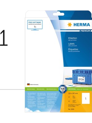 Hd Group Herma 5065 Evrensel Etiketler, 25 Yaprak, 210 x 297 Mm, 1 Adet A4 Yaprak, 25 Adet, Kendinden Yapışkanlı, Yazdırılabilir, Mat, Çıkartma, Beyaz