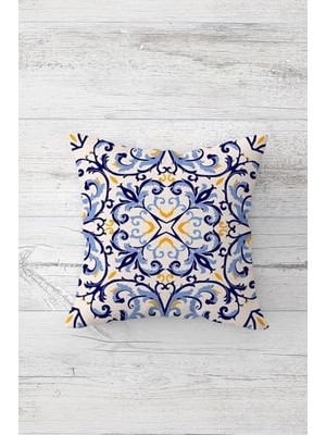 Hd Group Pelangi Mavi Çini Motifli Çift Tarafı Baskılı Gizli Fermuarlı Yastık Kılıfı Kırlent Koltuk Yastık Kılıfı, Mavi-Sarı 45 x 45