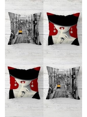 Hd Group Pelangi Tramvay ve Şapkalı Modern Kadın Gizli Fermuarlı Kırlent Kılıfı Koltuk Yastık Kılıfı TAKIM(4ADET), Gri-Bordo 45 x 45