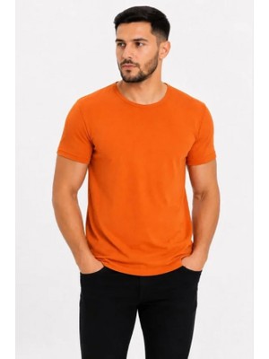 Efnaz Style Erkek Basic Tişört Bisiklet Yaka Kısa Kol Günlük Yazlık Slim Fit T-Shirt - Turuncu