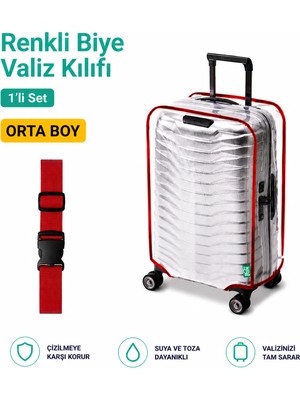 Trink Çanta Şeffaf Valiz Koruyucu Kılıf ve Valiz  Kemeri * 1'er Adet  *  Kırmızı - Orta