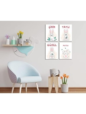 Hd Group Bebek ve Çocuk Odaları Için Güzel, Tatlı, Şirin ve Mutlu 4 Lü Ahşap Tablo Seti