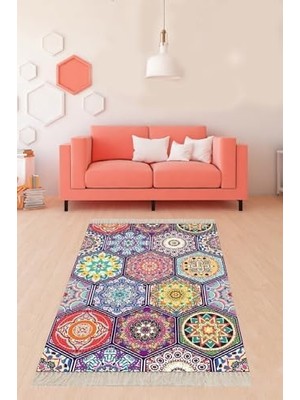 Hd Group Mandala Desenli Çiçekli Dijital Baskı Yıkanabilir Kaymaz Taban Etnik Salon Halısı ve Yolluk BLT-S-263, 100 x 200