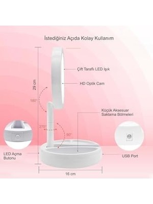 Hd Group 10X Büyütme Çift Taraflı Makyaj Ayna Katlanabilir 21 LED Işıklı Makyaj Aynası USB Kablo