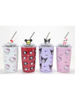 Herşey Trend Herşeytrend Sanrio Hello Kitty ve Kuromi Figürlü Isı Muhafazalı Metal Pipetli Çelik Kupa