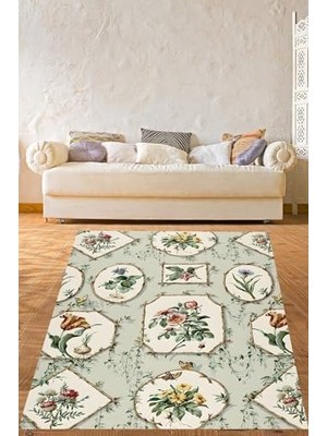 Hd Group Pelangi Mint Zemin Renkli Çiçek Kelebek Desenli Yıkanabilir Kaymaz Taban Leke Tutmaz Salon Halısı, Mint-Beyaz-Yeşil 120 x 180