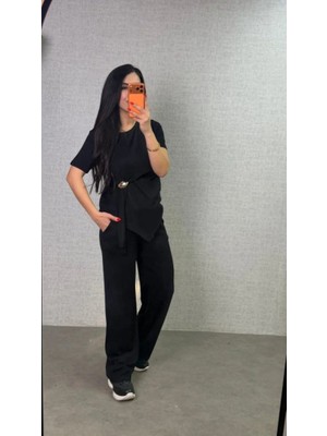 Efnaz Style Kadın Kısa Kollu Bisiklet Yaka Yandan Toka Detaylı Viskon Iki Iplik Bluz ve Pantolon Ikili Takım