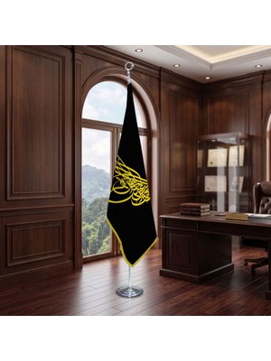Punto Dizayn Osmanlı Tuğrası Siyah Direkli - Altın Saçaklı Saten Makam Bayrağı Seti (Krom Direk)