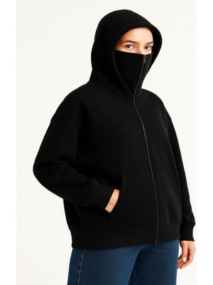 Efnaz Style Samuray Ninja Çift Kapşonlu Zıp Fermuarlı Kanguru Çepli Hoodie Maske Detaylı Swetshirt - Siyah
