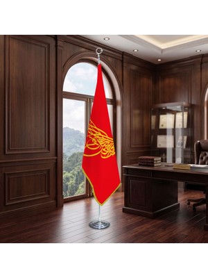 Punto Dizayn Osmanlı Tuğrası Kırmzı Direkli - Altın Saçaklı Saten Makam Bayrağı Seti (Krom Direk)