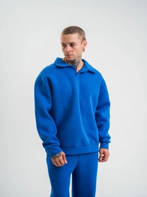 Efnaz Style Erkek Patlı Yaka Üç Iplik Pamuklu Sweatshirt Double Oversize Rahat Kalıp Günlük Kullanım - Mavi