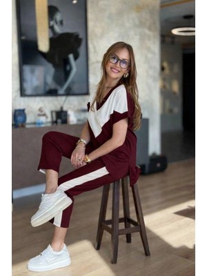 Efnaz Style Kadın Kısa Kollu V Yakalı Çift Renkli Viskon Iki Iplik Ikili Bluz ve Pantolon Takım