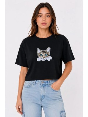 Efnaz Style Kedi Baskılı Oversize Crop Tişört Salaş Basic Yarım Kol T-Shirt - Siyah