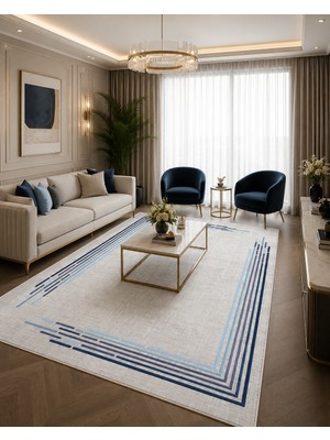 Pelura Halı Modern Çerçeve Desen Baskılı Kaymaz Yıkanabilir Salon Oturma Odası Mutfak Balkon Halısı Yolluk