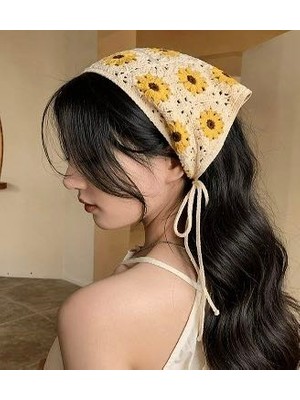 Örgü Üçgen Bandana Sarı Krem Saç Bandı Kadın Genç Kız Çocuk Yazlık Bohem Vintage Kore Tarzı Ayçiçek