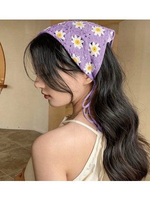 Örgü Üçgen Bandana Mor Saç Bandı Kadın Genç Kız Çocuk Yazlık Bohem Vintage Kore Tarzı Ayçiçek