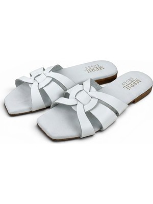 Meril Shoes Riva Hakiki Deri Düz Taban Rahat Yazlık Kadın Terlik - Beyaz
