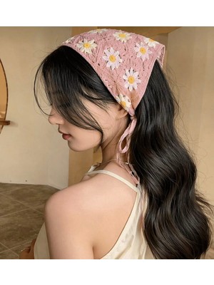 Örgü Üçgen Bandana Pembe Papatya Saç Bandı Kadın Genç Kız Çocuk Yazlık Bohem Vintage Kore Tarzı Ayçiçek